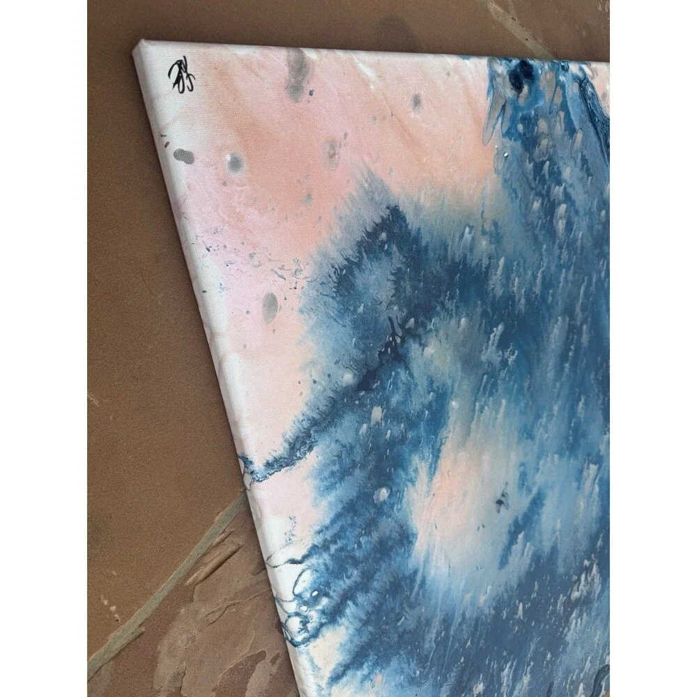 Original Abstract Painting Blue & Blush Pink Coastal Forest Wall Art – 24” x 30”